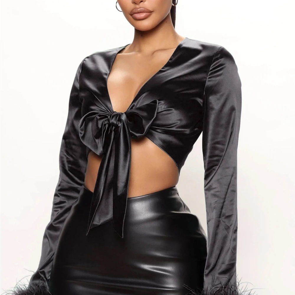 Black Satin Tie-Front Top with Feather Cuffs